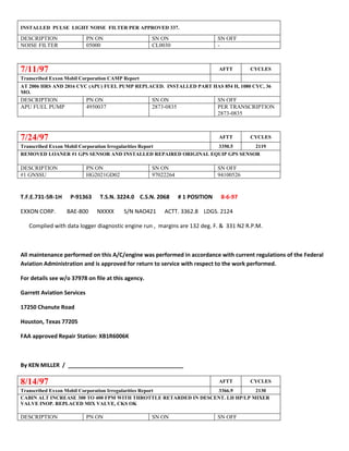 INSTALLED PULSE LIGHT NOISE FILTER PER APPROVED 337.
DESCRIPTION PN ON SN ON SN OFF
NOISE FILTER 05000 CL0030 -
7/11/97 AFTT CYCLES
Transcribed Exxon Mobil Corporation CAMP Report
AT 2006 HRS AND 2816 CYC (APU) FUEL PUMP REPLACED. INSTALLED PART HAS 854 H, 1080 CYC, 36
MO.
DESCRIPTION PN ON SN ON SN OFF
APU FUEL PUMP 4950037 2873-0835 PER TRANSCRIPTION
2873-0835
7/24/97 AFTT CYCLES
Transcribed Exxon Mobil Corporation Irregularities Report 3350.5 2119
REMOVED LOANER #1 GPS SENSOR AND INSTALLED REPAIRED ORIGINAL EQUIP GPS SENSOR
DESCRIPTION PN ON SN ON SN OFF
#1 GNSSU HG2021GD02 97022264 94100526
T.F.E.731-5R-1H P-91363 T.S.N. 3224.0 C.S.N. 2068 # 1 POSITION 8-6-97
EXXON CORP. BAE-800 NXXXX S/N NAO421 ACTT. 3362.8 LDGS. 2124
Complied with data logger diagnostic engine run , margins are 132 deg. F. & 331 N2 R.P.M.
All maintenance performed on this A/C/engine was performed in accordance with current regulations of the Federal
Aviation Administration and is approved for return to service with respect to the work performed.
For details see w/o 37978 on file at this agency.
Garrett Aviation Services
17250 Chanute Road
Houston, Texas 77205
FAA approved Repair Station: XB1R6006K
By KEN MILLER / _____________________________________
8/14/97 AFTT CYCLES
Transcribed Exxon Mobil Corporation Irregularities Report 3366.9 2130
CABIN ALT INCREASE 300 TO 400 FPM WITH THROTTLE RETARDED IN DESCENT. LH HP/LP MIXER
VALVE INOP. REPLACED MIX VALVE, CKS OK
DESCRIPTION PN ON SN ON SN OFF
 