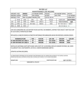 XX XXX LLC
MAINTENANCE LOG RECORD
AIRCRAFT REG NXXGS LH ENGINE SERIAL P91363 RH ENGINE SERIAL P91371
AIRCRAFT SERIAL 2581XX APU SERIAL 877641 APU TYPE T-62-40C8D1
AIRCRAFT TYPE BAe 125-800A ENGINE TYPE TFE731-5R-1H FORM VER 5
TOTAL LDGS APU HRS CYCLES EVENT DATE 12/17/2011
A/C 7024 4946 TSMOH 2981.4 7613 INDEX NUMBER 164
ENG 1 6786.5 4814 APU TACH 4869.8 7605 APU TACH ADJ (-) 1884.4
ENG 2 6969 4917 APU CYC ADJ (+) 8
CAP CK’D CONCORDE RG-126 BATTERY IN #3 AUX POS, SN 40400072, AVRTAK TASK 241017. NEXT DUE CAP
CK 12/17/2012, REINSTALLED SAME
REPLACED LH AND RH RADIO ALTIMETER ANTENNAS FOR ABRASION WEAR ON EXPOSED LEADING EDGES.
NOMENCLATURE POS P/N ON S/N ON P/N OFF S/N OFF
AT-300 ANTENNA S67-2002-4 LH 7003586 552-16503 7003586 3817
AT-300 ANTENNA S67-2002-4 RH 7003586 552-16505 7003586 3818
INSTALLED ANTENNA UNITS BOTH NEW, MFG DATE OF 11/24/2008, MFG BY SENSOR SYSTEMS, INC, 8929
FULLBRIGHT AVE, CHATSWORTH, CA 91311 UNDER WO#503065 (BOTH)
UPDATED AVTRAK RECORDS.
ALL MAINTENANCE PERFORMED ON THIS AIRCRAFT WAS PERFORMED IAW THE CURRENT REGULATIONS OF THE FEDERAL AVIATION
ADMINISTRATION AND IS APPROVED FOR RETURN TO SERVICE WITH RESPECT TO THE WORK PERFORMED.
SIGNATURE: CERTIFICATE NO. A&P 3357851
GREGORY A. STULTZ
 