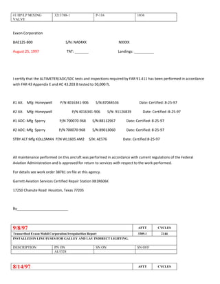 #1 HP/LP MIXING
VALVE
3213788-1 P-116 1036
Exxon Corporation
BAE125-800 S/N: NA04XX NXXXX
August 25, 1997 TAT: _______ Landings: __________
I certify that the ALTIMETER/ADC/SDC tests and inspections required by FAR 91.411 has been performed in accordance
with FAR 43 Appendix E and AC 43.203 B tested to 50,000 ft.
#1 Alt. Mfg: Honeywell P/N 4016341-906 S/N:87044536 Date: Certified: 8-25-97
#2 Alt. Mfg: Honeywell P/N 4016341-906 S/N: 91126839 Date: Certified :8-25-97
#1 ADC: Mfg Sperry P/N 700070-968 S/N:88112967 Date: Certified: 8-25-97
#2 ADC: Mfg Sperry P/N 700070-968 S/N:89013060 Date: Certified: 8-25-97
STBY ALT Mfg KOLLSMAN P/N WL1605 AM2 S/N: AE576 Date: Certified 8-25-97
All maintenance performed on this aircraft was performed in accordance with current regulations of the Federal
Aviation Administration and is approved for return to services with respect to the work performed.
For details see work order 38781 on file at this agency.
Garrett Aviation Services Certified Repair Station XB1R606K
17250 Chanute Road Houston, Texas 77205
By__________________________
9/8/97 AFTT CYCLES
Transcribed Exxon Mobil Corporation Irregularities Report 3389.1 2144
INSTALLED IN LINE FUSES FOR GALLEY AND LAV INDIRECT LIGHTING.
DESCRIPTION PN ON SN ON SN OFF
AL5328
8/14/97 AFTT CYCLES
 