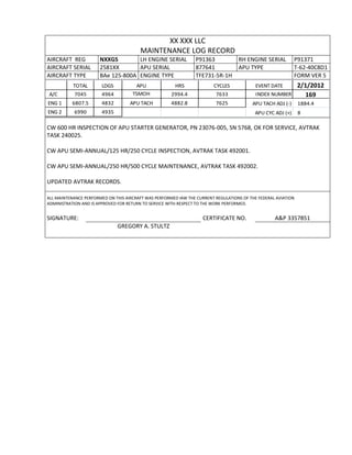 XX XXX LLC
MAINTENANCE LOG RECORD
AIRCRAFT REG NXXGS LH ENGINE SERIAL P91363 RH ENGINE SERIAL P91371
AIRCRAFT SERIAL 2581XX APU SERIAL 877641 APU TYPE T-62-40C8D1
AIRCRAFT TYPE BAe 125-800A ENGINE TYPE TFE731-5R-1H FORM VER 5
TOTAL LDGS APU HRS CYCLES EVENT DATE 2/1/2012
A/C 7045 4964 TSMOH 2994.4 7633 INDEX NUMBER 169
ENG 1 6807.5 4832 APU TACH 4882.8 7625 APU TACH ADJ (-) 1884.4
ENG 2 6990 4935 APU CYC ADJ (+) 8
CW 600 HR INSPECTION OF APU STARTER GENERATOR, PN 23076-005, SN 5768, OK FOR SERVICE, AVTRAK
TASK 240025.
CW APU SEMI-ANNUAL/125 HR/250 CYCLE INSPECTION, AVTRAK TASK 492001.
CW APU SEMI-ANNUAL/250 HR/500 CYCLE MAINTENANCE, AVTRAK TASK 492002.
UPDATED AVTRAK RECORDS.
ALL MAINTENANCE PERFORMED ON THIS AIRCRAFT WAS PERFORMED IAW THE CURRENT REGULATIONS OF THE FEDERAL AVIATION
ADMINISTRATION AND IS APPROVED FOR RETURN TO SERVICE WITH RESPECT TO THE WORK PERFORMED.
SIGNATURE: CERTIFICATE NO. A&P 3357851
GREGORY A. STULTZ
 