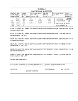 XX XXX LLC
MAINTENANCE LOG RECORD
AIRCRAFT REG NXXGS LH ENGINE SERIAL P91363 RH ENGINE SERIAL P91371
AIRCRAFT SERIAL 2581XX APU SERIAL 877641 APU TYPE T-62-40C8D1
AIRCRAFT TYPE BAe 125-800A ENGINE TYPE TFE731-5R-1H FORM VER 5
TOTAL LDGS APU HRS CYCLES EVENT DATE 4/17/2012
A/C 7093.6 4999 TSMOH 3016.3 7678 INDEX NUMBER 177
ENG 1 6856.1 4867 APU TACH 4904.7 7670 APU TACH ADJ (-) 1884.4
ENG 2 7038.6 4970 APU CYC ADJ (+) 8
COMPLETED AFMS TASK 783003, 150 TO 200 HOUR THRUST REVERSER INSPECTION, LT ENGINE. NEXT DUE IN
200 HOURS AT 7293 AFTT.
COMPLETED AFMS TASK 783004, 150 TO 200 HOUR THRUST REVERSER INSPECTION, RT ENGINE. NEXT DUE
IN 200 HOURS AT 7293 AFTT.
COMPLETED AFMS TASK 783007, 300 TO 400 HOUR THRUST REVERSER INSPECTION, LT ENGINE. NEXT DUE IN
400 HOURS AT 7493 AFTT
COMPLETED AFMS TASK 783008, 300 TO 400 HOUR THRUST REVERSER INSPECTION, RT ENGINE. NEXT DUE
IN 400 HOURS AT 7493 AFTT.
COMPLETED AFMS TASK 783011, 600 TO 800 HOUR THRUST REVERSER INSPECTION, LT ENGINE. NEXT DUE IN
800 HOURS AT 7893 AFTT.
COMPLETED AFMS TASK 783012, 600 TO 800 HOUR THRUST REVERSER INSPECTION, RT ENGINE. NEXT DUE
IN 800 HOURS AT 7893 AFTT.
UPDATED AVTRAK RECORDS.
ALL MAINTENANCE PERFORMED ON THIS AIRCRAFT WAS PERFORMED IAW THE CURRENT REGULATIONS OF THE FEDERAL AVIATION
ADMINISTRATION AND IS APPROVED FOR RETURN TO SERVICE WITH RESPECT TO THE WORK PERFORMED.
SIGNATURE: CERTIFICATE NO. A&P 3357851
GREGORY A. STULTZ
 
