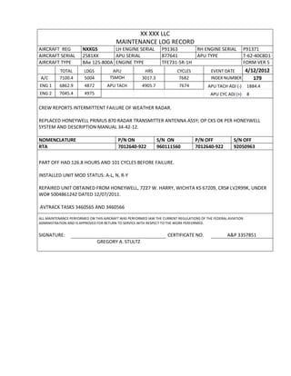 XX XXX LLC
MAINTENANCE LOG RECORD
AIRCRAFT REG NXXGS LH ENGINE SERIAL P91363 RH ENGINE SERIAL P91371
AIRCRAFT SERIAL 2581XX APU SERIAL 877641 APU TYPE T-62-40C8D1
AIRCRAFT TYPE BAe 125-800A ENGINE TYPE TFE731-5R-1H FORM VER 5
TOTAL LDGS APU HRS CYCLES EVENT DATE 4/12/2012
A/C 7100.4 5004 TSMOH 3017.3 7682 INDEX NUMBER 179
ENG 1 6862.9 4872 APU TACH 4905.7 7674 APU TACH ADJ (-) 1884.4
ENG 2 7045.4 4975 APU CYC ADJ (+) 8
CREW REPORTS INTERMITTENT FAILURE OF WEATHER RADAR.
REPLACED HONEYWELL PRIMUS 870 RADAR TRANSMITTER ANTENNA ASSY; OP CKS OK PER HONEYWELL
SYSTEM AND DESCRIPTION MANUAL 34-42-12.
NOMENCLATURE P/N ON S/N ON P/N OFF S/N OFF
RTA 7012640-922 960111560 7012640-922 92050963
PART OFF HAD 126.8 HOURS AND 101 CYCLES BEFORE FAILURE.
INSTALLED UNIT MOD STATUS: A-L, N, R-Y
REPAIRED UNIT OBTAINED FROM HONEYWELL, 7227 W. HARRY, WICHITA KS 67209, CRS# LV2R99K, UNDER
WO# 5004861242 DATED 12/07/2011.
AVTRACK TASKS 3460565 AND 3460566
ALL MAINTENANCE PERFORMED ON THIS AIRCRAFT WAS PERFORMED IAW THE CURRENT REGULATIONS OF THE FEDERAL AVIATION
ADMINISTRATION AND IS APPROVED FOR RETURN TO SERVICE WITH RESPECT TO THE WORK PERFORMED.
SIGNATURE: CERTIFICATE NO. A&P 3357851
GREGORY A. STULTZ
 