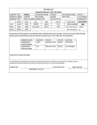 XX XXX LLC
MAINTENANCE LOG RECORD
AIRCRAFT REG NXXGS LH ENGINE SERIAL P91363 RH ENGINE SERIAL P91371
AIRCRAFT SERIAL 2581XX APU SERIAL 877641 APU TYPE T-62-40C8D1
AIRCRAFT TYPE BAe 125-800A ENGINE TYPE TFE731-5R-1H FORM VER 5
TOTAL LDGS APU HRS CYCLES EVENT DATE 6/15/2012
A/C 7118.5 5022 TSMOH 3034.2 7711 INDEX NUMBER 180
ENG 1 6881 4890 APU TACH 4922.6 7703 APU TACH ADJ (-) 1884.4
ENG 2 7063.5 4993 APU CYC ADJ (+) 8
RESEARCHED APPLICABILITY OF MANDATORY HAWKER BEECH SB 35-4081. AFFECTED QUICK DON OXYGEN
MASK ASSYS REFERENCED IN SB (BY SN) NOT INSTALLED AT THIS TIME ON THIS AIRCRAFT.
NOMENCLATURE POSITION P/N ON S/N ON DATE ON
EMERGENCY
OXYGEN MASK
CAPT MC10-14-124 58516 6/1/2010
EMERGENCY
OXYGEN MASK
FO MC10-14-124 63721 12/19/2008
UPDATED AVTRAK RECORDS.
ALL MAINTENANCE PERFORMED ON THIS AIRCRAFT WAS PERFORMED IAW THE CURRENT REGULATIONS OF THE FEDERAL AVIATION
ADMINISTRATION AND IS APPROVED FOR RETURN TO SERVICE WITH RESPECT TO THE WORK PERFORMED.
SIGNATURE: CERTIFICATE NO. A&P 3357851
GREGORY A. STULTZ
 