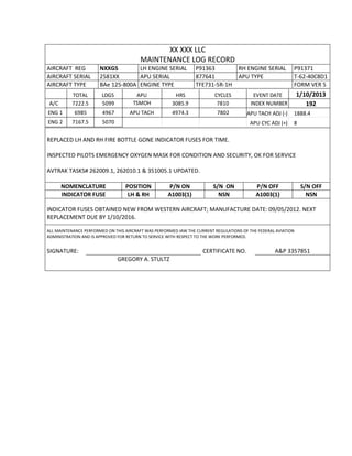 XX XXX LLC
MAINTENANCE LOG RECORD
AIRCRAFT REG NXXGS LH ENGINE SERIAL P91363 RH ENGINE SERIAL P91371
AIRCRAFT SERIAL 2581XX APU SERIAL 877641 APU TYPE T-62-40C8D1
AIRCRAFT TYPE BAe 125-800A ENGINE TYPE TFE731-5R-1H FORM VER 5
TOTAL LDGS APU HRS CYCLES EVENT DATE 1/10/2013
A/C 7222.5 5099 TSMOH 3085.9 7810 INDEX NUMBER 192
ENG 1 6985 4967 APU TACH 4974.3 7802 APU TACH ADJ (-) 1888.4
ENG 2 7167.5 5070 APU CYC ADJ (+) 8
REPLACED LH AND RH FIRE BOTTLE GONE INDICATOR FUSES FOR TIME.
INSPECTED PILOTS EMERGENCY OXYGEN MASK FOR CONDITION AND SECURITY, OK FOR SERVICE
AVTRAK TASKS# 262009.1, 262010.1 & 351005.1 UPDATED.
NOMENCLATURE POSITION P/N ON S/N ON P/N OFF S/N OFF
INDICATOR FUSE LH & RH A1003(1) NSN A1003(1) NSN
INDICATOR FUSES OBTAINED NEW FROM WESTERN AIRCRAFT; MANUFACTURE DATE: 09/05/2012. NEXT
REPLACEMENT DUE BY 1/10/2016.
ALL MAINTENANCE PERFORMED ON THIS AIRCRAFT WAS PERFORMED IAW THE CURRENT REGULATIONS OF THE FEDERAL AVIATION
ADMINISTRATION AND IS APPROVED FOR RETURN TO SERVICE WITH RESPECT TO THE WORK PERFORMED.
SIGNATURE: CERTIFICATE NO. A&P 3357851
GREGORY A. STULTZ
 