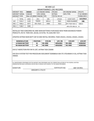 XX XXX LLC
MAINTENANCE LOG RECORD
AIRCRAFT REG NXXGS LH ENGINE SERIAL P91363 RH ENGINE SERIAL P91371
AIRCRAFT SERIAL 2581XX APU SERIAL 877641 APU TYPE T-62-40C8D1
AIRCRAFT TYPE BAe 125-800A ENGINE TYPE TFE731-5R-1H FORM VER 5
TOTAL LDGS APU HRS CYCLES EVENT DATE 3/2/2013
A/C 7243.7 5109 TSMOH 3091.6 7822 INDEX NUMBER 196
ENG 1 7006.2 4977 APU TACH 4980 7814 APU TACH ADJ (-) 1888.4
ENG 2 7188.7 5080 APU CYC ADJ (+) 8
INSTALLED TWO CONCORDE RG-390E MAIN BATTERIES PURCHASED NEW FROM ADVANCED POWER
PRODUCTS, 955 N. TODD AVE, AZUSA, CA 91702, TEL (626) 969-7227.
UPDATED AVTRAK MAIN BATT CAP CK AND INSTALL RECORDS, TASKS 241015, 241016, 241021, 241022.
NOMENCLATURE POSITION P/N ON S/N ON P/N OFF S/N OFF
LH MAIN BATTERY #1 RG-390E 40562003 RG-390E 40383367
RH MAIN BATTERY #2 RG-390E 40562002 RG-390E 40383366
CW ELT INSPECTION PER FAR 91-207, AVTRAK TASK 256000
CW CDS-R SYSTEM TEST PER PROCEDURE DOCUMENT 050908018 IAW STC ST01406WI-D ICA, AVTRAK TASK
340020.
ALL MAINTENANCE PERFORMED ON THIS AIRCRAFT WAS PERFORMED IAW THE CURRENT REGULATIONS OF THE FEDERAL AVIATION
ADMINISTRATION AND IS APPROVED FOR RETURN TO SERVICE WITH RESPECT TO THE WORK PERFORMED.
SIGNATURE: CERTIFICATE NO. A&P 3357851
GREGORY A. STULTZ
 