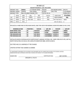 XX XXX LLC
MAINTENANCE LOG RECORD
AIRCRAFT REG NXXGS LH ENGINE SERIAL P91363 RH ENGINE SERIAL P91371
AIRCRAFT SERIAL 2581XX APU SERIAL 877641 APU TYPE T-62-40C8D1
AIRCRAFT TYPE BAe 125-800A ENGINE TYPE TFE731-5R-1H FORM VER 5
TOTAL LDGS APU HRS CYCLES EVENT DATE 7/11/2013
A/C 7282.3 5150 TSMOH 3123.4 7871 INDEX NUMBER 202
ENG 1 7044.8 5018 APU TACH 5011.8 7863 APU TACH ADJ (-) 1888.4
ENG 2 7227.3 5121 APU CYC ADJ (+) 8
REPLACED LH INBD AND OUTBD MAIN WHEEL AND TIRE ASSYS FOR NORMAL WEAR PER AMM 32-40-12-401.
NOMENCLATURE POSITION P/N ON S/N ON P/N OFF S/N OFF
MAIN WHEEL ASSY #1 AHA1814 WW032 AHA1814 XB003
MAIN WHEEL ASSY #2 AHA1814 LC290 AHA1814 XB007
TIRE MICHELIN AIR #1 027-504-0 1323S00076 237K23-2 10182962
TIRE MICHELIN AIR #2 027-504-0 1322S00088 237K23-2 11332977
INSTALLED WHEELS OVERHAULED BY NORTHCOAST LANDING SYSTEMS, INC, 13005 YORK DELTA DR, UNIT #2,
NORTH ROYALTON, OH 44133, CRS L5NR1270 UNDER WO 4882, DATED 4/10/13.
OLD TIRES HAD 151 LANDINGS AT TIRE CHANGE.
UPDATED AVTRAK TASK 3200005 & 3200006
ALL MAINTENANCE PERFORMED ON THIS AIRCRAFT WAS PERFORMED IAW THE CURRENT REGULATIONS OF THE FEDERAL AVIATION
ADMINISTRATION AND IS APPROVED FOR RETURN TO SERVICE WITH RESPECT TO THE WORK PERFORMED.
SIGNATURE: CERTIFICATE NO. A&P 3357851
GREGORY A. STULTZ
 