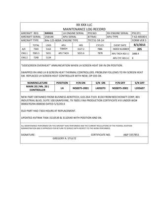 XX XXX LLC
MAINTENANCE LOG RECORD
AIRCRAFT REG NXXGS LH ENGINE SERIAL P91363 RH ENGINE SERIAL P91371
AIRCRAFT SERIAL 2581XX APU SERIAL 877641 APU TYPE T-62-40C8D1
AIRCRAFT TYPE BAe 125-800A ENGINE TYPE TFE731-5R-1H FORM VER 5
TOTAL LDGS APU HRS CYCLES EVENT DATE 8/1/2013
A/C 7303 5163 TSMOH 3127.2 7886 INDEX NUMBER 205
ENG 1 7065.5 5031 APU TACH 5015.6 7878 APU TACH ADJ (-) 1888.4
ENG 2 7248 5134 APU CYC ADJ (+) 8
"SIDESCREEN OVERHEAT" ANNUNCIATION WHEN LH SCREEN HEAT SW IN ON POSITION.
SWAPPED RH AND LH B SCREEN HEAT THERMAL CONTROLLERS. PROBLEM FOLLOWS TO RH SCREEN HEAT
SW. REPLACED LH SCREEN HEAT CONTROLLER WITH NEW, OP CKS OK.
NOMENCLATURE POSITION P/N ON S/N ON P/N OFF S/N OFF
MARK 20 ( Mk. 20 )
CONTROLLER
LH ND0075-2001 L405073 ND0075-2001 L205607
NEW PART OBTAINED FROM BUSINESS AEROTECH, 610-264-7319. 8130 FROM BEECHCRAFT CORP, 801
INDUSTRIAL BLVD, SUITE 100 GRAPEVINE, TX 76051 FAA PRODUCTION CERTIFICATE # 8 UNDER WO#
0000270294-000030 DATED 5/3/2013
OLD PART HAD 7303 HOURS AT REPLACEMENT.
UPDATED AVTRAK TASK 3110539 & 3110540 WITH POSITION AND SN.
ALL MAINTENANCE PERFORMED ON THIS AIRCRAFT WAS PERFORMED IAW THE CURRENT REGULATIONS OF THE FEDERAL AVIATION
ADMINISTRATION AND IS APPROVED FOR RETURN TO SERVICE WITH RESPECT TO THE WORK PERFORMED.
SIGNATURE: CERTIFICATE NO. A&P 3357851
GREGORY A. STULTZ
 