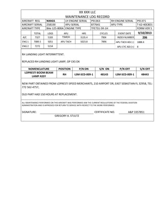 XX XXX LLC
MAINTENANCE LOG RECORD
AIRCRAFT REG NXXGS LH ENGINE SERIAL P91363 RH ENGINE SERIAL P91371
AIRCRAFT SERIAL 2581XX APU SERIAL 877641 APU TYPE T-62-40C8D1
AIRCRAFT TYPE BAe 125-800A ENGINE TYPE TFE731-5R-1H FORM VER 5
TOTAL LDGS APU HRS CYCLES EVENT DATE 9/10/2013
A/C 7327 5183 TSMOH 3135.4 7904 INDEX NUMBER 206
ENG 1 7089.5 5051 APU TACH 5023.8 7896 APU TACH ADJ (-) 1888.4
ENG 2 7272 5154 APU CYC ADJ (+) 8
RH LANDING LIGHT INTERMITTENT.
REPLACED RH LANDING LIGHT LAMP, OP CKS OK
NOMENCLATURE POSITION P/N ON S/N ON P/N OFF S/N OFF
LOPRESTI BOOM BEAM
LAMP ASSY
RH LSM-SCD-009-1 48143 LSM-SCD-009-1 48443
NEW PART OBTAINED FROM LOPRESTI SPEED MERCHANTS, 210 AIRPORT DR, EAST SEBASTIAN FL 32958, TEL:
772 562-4757,
OLD PART HAD 150 HOURS AT REPLACEMENT.
ALL MAINTENANCE PERFORMED ON THIS AIRCRAFT WAS PERFORMED IAW THE CURRENT REGULATIONS OF THE FEDERAL AVIATION
ADMINISTRATION AND IS APPROVED FOR RETURN TO SERVICE WITH RESPECT TO THE WORK PERFORMED.
SIGNATURE: CERTIFICATE NO. A&P 3357851
GREGORY A. STULTZ
 