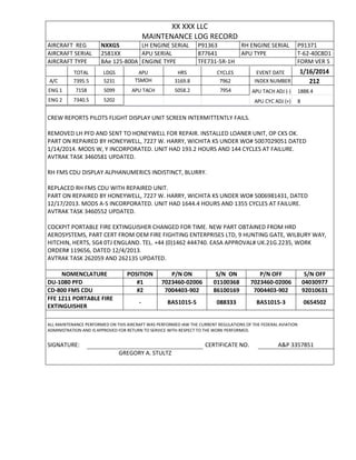 XX XXX LLC
MAINTENANCE LOG RECORD
AIRCRAFT REG NXXGS LH ENGINE SERIAL P91363 RH ENGINE SERIAL P91371
AIRCRAFT SERIAL 2581XX APU SERIAL 877641 APU TYPE T-62-40C8D1
AIRCRAFT TYPE BAe 125-800A ENGINE TYPE TFE731-5R-1H FORM VER 5
TOTAL LDGS APU HRS CYCLES EVENT DATE 1/16/2014
A/C 7395.5 5231 TSMOH 3169.8 7962 INDEX NUMBER 212
ENG 1 7158 5099 APU TACH 5058.2 7954 APU TACH ADJ (-) 1888.4
ENG 2 7340.5 5202 APU CYC ADJ (+) 8
CREW REPORTS PILOTS FLIGHT DISPLAY UNIT SCREEN INTERMITTENTLY FAILS.
REMOVED LH PFD AND SENT TO HONEYWELL FOR REPAIR. INSTALLED LOANER UNIT, OP CKS OK.
PART ON REPAIRED BY HONEYWELL, 7227 W. HARRY, WICHITA KS UNDER WO# 5007029051 DATED
1/14/2014. MODS W, Y INCORPORATED. UNIT HAD 193.2 HOURS AND 144 CYCLES AT FAILURE.
AVTRAK TASK 3460581 UPDATED.
RH FMS CDU DISPLAY ALPHANUMERICS INDISTINCT, BLURRY.
REPLACED RH FMS CDU WITH REPAIRED UNIT.
PART ON REPAIRED BY HONEYWELL, 7227 W. HARRY, WICHITA KS UNDER WO# 5006981431, DATED
12/17/2013. MODS A-S INCORPORATED. UNIT HAD 1644.4 HOURS AND 1355 CYCLES AT FAILURE.
AVTRAK TASK 3460552 UPDATED.
COCKPIT PORTABLE FIRE EXTINGUISHER CHANGED FOR TIME. NEW PART OBTAINED FROM HRD
AEROSYSTEMS, PART CERT FROM OEM FIRE FIGHTING ENTERPRISES LTD, 9 HUNTING GATE, WILBURY WAY,
HITCHIN, HERTS, SG4 0TJ ENGLAND. TEL. +44 (0)1462 444740. EASA APPROVAL# UK.21G.2235, WORK
ORDER# 119656, DATED 12/4/2013.
AVTRAK TASK 262059 AND 262135 UPDATED.
NOMENCLATURE POSITION P/N ON S/N ON P/N OFF S/N OFF
DU-1080 PFD #1 7023460-02006 01100368 7023460-02006 04030977
CD-800 FMS CDU #2 7004403-902 86100169 7004403-902 92010631
FFE 1211 PORTABLE FIRE
EXTINGUISHER
- BA51015-5 088333 BA51015-3 0654502
ALL MAINTENANCE PERFORMED ON THIS AIRCRAFT WAS PERFORMED IAW THE CURRENT REGULATIONS OF THE FEDERAL AVIATION
ADMINISTRATION AND IS APPROVED FOR RETURN TO SERVICE WITH RESPECT TO THE WORK PERFORMED.
SIGNATURE: CERTIFICATE NO. A&P 3357851
GREGORY A. STULTZ
 