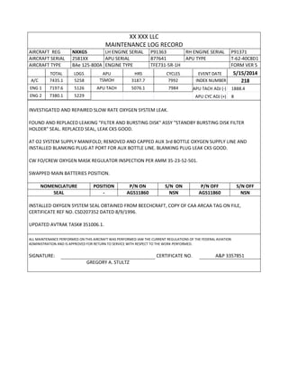 XX XXX LLC
MAINTENANCE LOG RECORD
AIRCRAFT REG NXXGS LH ENGINE SERIAL P91363 RH ENGINE SERIAL P91371
AIRCRAFT SERIAL 2581XX APU SERIAL 877641 APU TYPE T-62-40C8D1
AIRCRAFT TYPE BAe 125-800A ENGINE TYPE TFE731-5R-1H FORM VER 5
TOTAL LDGS APU HRS CYCLES EVENT DATE 5/15/2014
A/C 7435.1 5258 TSMOH 3187.7 7992 INDEX NUMBER 218
ENG 1 7197.6 5126 APU TACH 5076.1 7984 APU TACH ADJ (-) 1888.4
ENG 2 7380.1 5229 APU CYC ADJ (+) 8
INVESTIGATED AND REPAIRED SLOW RATE OXYGEN SYSTEM LEAK.
FOUND AND REPLACED LEAKING "FILTER AND BURSTING DISK" ASSY "STANDBY BURSTING DISK FILTER
HOLDER" SEAL. REPLACED SEAL, LEAK CKS GOOD.
AT O2 SYSTEM SUPPLY MANIFOLD; REMOVED AND CAPPED AUX 3rd BOTTLE OXYGEN SUPPLY LINE AND
INSTALLED BLANKING PLUG AT PORT FOR AUX BOTTLE LINE. BLANKING PLUG LEAK CKS GOOD.
CW FO/CREW OXYGEN MASK REGULATOR INSPECTION PER AMM 35-23-52-501.
SWAPPED MAIN BATTERIES POSITION.
NOMENCLATURE POSITION P/N ON S/N ON P/N OFF S/N OFF
SEAL - AGS11860 NSN AGS11860 NSN
INSTALLED OXYGEN SYSTEM SEAL OBTAINED FROM BEECHCRAFT, COPY OF CAA ARCAA TAG ON FILE,
CERTIFICATE REF NO. CSD207352 DATED 8/9/1996.
UPDATED AVTRAK TASK# 351006.1.
ALL MAINTENANCE PERFORMED ON THIS AIRCRAFT WAS PERFORMED IAW THE CURRENT REGULATIONS OF THE FEDERAL AVIATION
ADMINISTRATION AND IS APPROVED FOR RETURN TO SERVICE WITH RESPECT TO THE WORK PERFORMED.
SIGNATURE: CERTIFICATE NO. A&P 3357851
GREGORY A. STULTZ
 