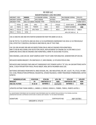 XX XXX LLC
MAINTENANCE LOG RECORD
AIRCRAFT REG NXXGS LH ENGINE SERIAL P91363 RH ENGINE SERIAL P91371
AIRCRAFT SERIAL 2581XX APU SERIAL 877641 APU TYPE T-62-40C8D1
AIRCRAFT TYPE BAe 125-800A ENGINE TYPE TFE731-5R-1H FORM VER 5
TOTAL LDGS APU HRS CYCLES EVENT DATE 7/11/2014
A/C 7469.1 5285 TSMOH 3202 8023 INDEX NUMBER 220
ENG 1 7231.6 5153 APU TACH 5090.4 8015 APU TACH ADJ (-) 1888.4
ENG 2 7414.1 5256 APU CYC ADJ (+) 8
CW LH AND RH 200-400 HR STARTER GENERATOR INSP PER AMM 24-30-21.
CW SB TFE731-72-A3792 R1 AND AD 2014-12-52 (SUPERSEDES EMERGENCY AD 2014-12-52 PREVIOUSLY
CW), EFFECTIVE 7/28/2014, ON ENG #1 AND ENG #2, NA AT THIS TIME.
CW 150-200 HR AND 300-400 HR INSPECTIONS ON #1 AND #2 ENGINES PER HONEYWELL
MM 72-00-00 INCLUDING CHIP DETECTOR CHECK, REPLACEMENT OF ENGINE OIL FILTER AND S.O.A.P.
SAMPLING ON #1 AND #2 ENGINES IAW HONEYWELL AMM 79-20-03 AND 79-20-01.
RAN ENGINES, LEAK CKS OK. SOAP SAMPLES SENT TO JET CARE FOR ANALYSIS. GENERATORS OP CKS OK.
REPLACED WORN BRACKET, PN C46P18125-17, MID ENGINE, 12 O'CLOCK POS #1 ENG.
REPLACED AND CHECKED FWD AND AFT EMERGENCY EXIT POWER SUPPLY “D” CELL NI-CAD BATTERIES WITH
NEW, 2 EACH PER BATTERY PACK, PN AD-4002P, NSN, BATCH NUMBER AAJS-226.
BATTERIES OBTAINED FROM MFG’R, AREO DESIGN, INC, 385 INDUSTRIAL DR, MT. JULIET, TN, 37122, PH 800-
551-1158, PRODUCTION APPROVAL HOLDER No. (PAH#) PQ1465CE, FORM TRACKING# STN00029469, DATED
6/30/14.
NOMENCLATURE POSITION P/N ON S/N ON P/N OFF S/N OFF
BRACKET #1 C46P18125-17 NSN C46P18125-17B NSN
ENG OIL FILTERS #1 & #2 3070945-1 LOT# 2011F18684
MLOT# 50221136 3070945-1 NSN
UPDATED AVTRAK TASK# 240001.1, 240001.2, 335010, 335010.1, 720005, 720011, 950072-A3792.1
ALL MAINTENANCE PERFORMED ON THIS AIRCRAFT WAS PERFORMED IAW THE CURRENT REGULATIONS OF THE FEDERAL AVIATION
ADMINISTRATION AND IS APPROVED FOR RETURN TO SERVICE WITH RESPECT TO THE WORK PERFORMED.
SIGNATURE: CERTIFICATE NO. A&P 3357851
GREGORY A. STULTZ
 