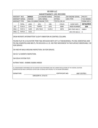 XX XXX LLC
MAINTENANCE LOG RECORD
AIRCRAFT REG NXXGS LH ENGINE SERIAL P91363 RH ENGINE SERIAL P91371
AIRCRAFT SERIAL 2581XX APU SERIAL 877641 APU TYPE T-62-40C8D1
AIRCRAFT TYPE BAe 125-800A ENGINE TYPE TFE731-5R-1H FORM VER 5
TOTAL LDGS APU HRS CYCLES EVENT DATE 10/16/2014
A/C 7534.9 5341 TSMOH 3241 8084 INDEX NUMBER 224
ENG 1 7297.4 5209 APU TACH 5129.4 8076 APU TACH ADJ (-) 1888.4
ENG 2 7479.9 5312 APU CYC ADJ (+) 8
CREW REPORTS INTERMITTENT SLIGHT VIBRATION IN CONTROL COLUMN.
FOUND PLAY IN LH ELEVATOR TRIM TAB; REPLACED BOTH AFT LH TAB BEARINGS, PN CN6-35MESP56G AND
PN CN6-35MESP56 AND BOLTS, PN DHS1433-6-1-2E. NO FREE MOVEMENT IN TAB SURFACE OBSERVABLE. OK
FOR SERVICE.
CW 400 HR WALK AROUND INSPECTION. OK FOR SERVICE.
CW ELT 12 MONTH INSPECTION.
CW CDS-R SYSTEM TEST.
AVTRAK TASKS : 050800 256000 340020
ALL MAINTENANCE PERFORMED ON THIS AIRCRAFT WAS PERFORMED IAW THE CURRENT REGULATIONS OF THE FEDERAL AVIATION
ADMINISTRATION AND IS APPROVED FOR RETURN TO SERVICE WITH RESPECT TO THE WORK PERFORMED.
SIGNATURE: CERTIFICATE NO. A&P 3357851
GREGORY A. STULTZ
 