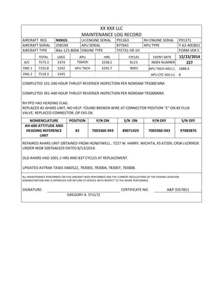 XX XXX LLC
MAINTENANCE LOG RECORD
AIRCRAFT REG NXXGS LH ENGINE SERIAL P91363 RH ENGINE SERIAL P91371
AIRCRAFT SERIAL 2581XX APU SERIAL 877641 APU TYPE T-62-40C8D1
AIRCRAFT TYPE BAe 125-800A ENGINE TYPE TFE731-5R-1H FORM VER 5
TOTAL LDGS APU HRS CYCLES EVENT DATE 12/23/2014
A/C 7573.3 5374 TSMOH 3258.2 8123 INDEX NUMBER 227
ENG 1 7335.8 5242 APU TACH 3245.7 8093 APU TACH ADJ (-) 1888.4
ENG 2 7518.3 5345 APU CYC ADJ (+) 8
COMPLETED 191-240 HOUR THRUST REVERSER INSPECTION PER NORDAM TR5000 MM.
COMPLETED 391-440 HOUR THRUST REVERSER INSPECTION PER NORDAM TR5000MM.
RH PFD HAS HEADING FLAG.
REPLACED #2 AHARS UNIT, NO HELP. FOUND BROKEN WIRE AT CONNECTOR POSITION "E" ON #2 FLUX
VALVE. REPLACED CONNECTOR, OP CKS OK.
NOMENCLATURE POSITION P/N ON S/N ON P/N OFF S/N OFF
AH-600 ATTITUDE AND
HEADING REFERENCE
UNIT
#2 7003360-943 89071429 7003360-943 97083876
REPAIRED AHARS UNIT OBTAINED FROM HONEYWELL , 7227 W. HARRY, WICHITA, KS 67209, CRS# LV2R992K
UNDER WO# 5007646329 DATED 8/13/2014.
OLD AHARS HAD 1001.1 HRS AND 837 CYCLES AT REPLACEMENT.
UPDATED AVTRAK TASKS 3460522, 783003, 783004, 783007, 783008.
ALL MAINTENANCE PERFORMED ON THIS AIRCRAFT WAS PERFORMED IAW THE CURRENT REGULATIONS OF THE FEDERAL AVIATION
ADMINISTRATION AND IS APPROVED FOR RETURN TO SERVICE WITH RESPECT TO THE WORK PERFORMED.
SIGNATURE: CERTIFICATE NO. A&P 3357851
GREGORY A. STULTZ
 