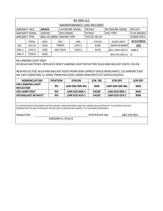 XX XXX LLC
MAINTENANCE LOG RECORD
AIRCRAFT REG NXXGS LH ENGINE SERIAL P91363 RH ENGINE SERIAL P91371
AIRCRAFT SERIAL 2581XX APU SERIAL 877641 APU TYPE T-62-40C8D1
AIRCRAFT TYPE BAe 125-800A ENGINE TYPE TFE731-5R-1H FORM VER 5
TOTAL LDGS APU HRS CYCLES EVENT DATE 6/11/2015
A/C 7651.8 5434 TSMOH 3297.2 8186 INDEX NUMBER 235
ENG 1 7414.3 5302 APU TACH 5185.6 8178 APU TACH ADJ (-) 1888.4
ENG 2 7596.8 5405 APU CYC ADJ (+) 8
RH LANDING LIGHT INOP.
RH BULB SHATTERED. REPLACED RIGHT LANDING LIGHT REFLECTOR, BULB AND BALLAST ASSYS. CKS OK.
NEW REFLECTOR, BULB AND BALLAST ASSYS FROM OEM LOPRESTI SPEED MERCHANTS, 210 AIRPORT EAST
DR, EAST SEBASTIAN, FL 32958 PMA# PQ1372CE UNDER WO# REP7117C DATED 6/6/2015
NOMENCLATURE POSITION P/N ON S/N ON P/N OFF S/N OFF
HID LANDING LIGHT
REFLECTOR
RH LSM-500-300-46L NSN LSM-500-300-46L NSN
HID LAMP ASSY RH LSM-SCD-009-1 54220 LSM-SCD-009-1 NSN
HID BALLAST 60 WATT RH LSM-SCD-019-1 54103 LSM-SCD-019-1 NSN
ALL MAINTENANCE PERFORMED ON THIS AIRCRAFT WAS PERFORMED IAW THE CURRENT REGULATIONS OF THE FEDERAL AVIATION
ADMINISTRATION AND IS APPROVED FOR RETURN TO SERVICE WITH RESPECT TO THE WORK PERFORMED.
SIGNATURE: CERTIFICATE NO. A&P 3357851
GREGORY A. STULTZ
 