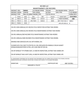 XX XXX LLC
MAINTENANCE LOG RECORD
AIRCRAFT REG NXXGS LH ENGINE SERIAL P91363 RH ENGINE SERIAL P91371
AIRCRAFT SERIAL 2581XX APU SERIAL 877641 APU TYPE T-62-40C8D1
AIRCRAFT TYPE BAe 125-800A ENGINE TYPE TFE731-5R-1H FORM VER 5
TOTAL LDGS APU HRS CYCLES EVENT DATE 7/27/2015
A/C 7683.4 5453 TSMOH 3314.4 8211 INDEX NUMBER 238
ENG 1 7445.9 5321 APU TACH 5202.8 8203 APU TACH ADJ (-) 1888.4
ENG 2 7628.4 5424 APU CYC ADJ (+) 8
CW APU SEMI-ANNUAL/125 HR/250 CYCLE INSPECTION AVTRAK TASK 492001
CW APU SEMI-ANNUAL/250 HR/500 CYCLE MAINTENANCE AVTRAK TASK 492002
CW APU ANNUAL/500 HR/1000 CYCLE MAINTENANCE AVTRAK TASK 492003
CW APU ANNUAL/1000 HR/2000 CYCLE MAINTENANCE AVTRAK TASK 492004.
DRAINED AND SERVICED APU OIL WITH MOBIL 254.
CLEANED APU FUEL INLET FILTER PN 211-326, REPLACED PN 3500AS12 CRUSH GASKET
(DONALDSON/WESTERN FILTER). APU LEAK AND OP CKS OK.
CW API WINGLET TIP STROBE ASSY, LH AND RH INSPECTION, AVTRAK TASK 334003-API.
CW API WINGLET NAV LIGHT LENS, LH AND RH INSPECTION, AVTRAK TASK 334001-API.
ALL MAINTENANCE PERFORMED ON THIS AIRCRAFT WAS PERFORMED IAW THE CURRENT REGULATIONS OF THE FEDERAL AVIATION
ADMINISTRATION AND IS APPROVED FOR RETURN TO SERVICE WITH RESPECT TO THE WORK PERFORMED.
SIGNATURE: CERTIFICATE NO. A&P 3357851
GREGORY A. STULTZ
 