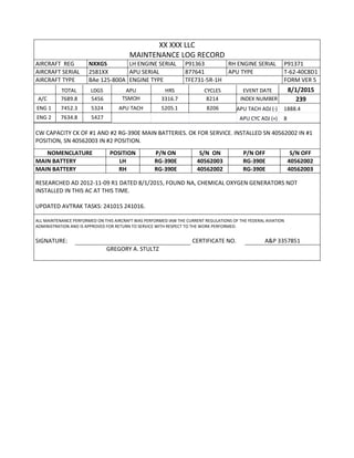 XX XXX LLC
MAINTENANCE LOG RECORD
AIRCRAFT REG NXXGS LH ENGINE SERIAL P91363 RH ENGINE SERIAL P91371
AIRCRAFT SERIAL 2581XX APU SERIAL 877641 APU TYPE T-62-40C8D1
AIRCRAFT TYPE BAe 125-800A ENGINE TYPE TFE731-5R-1H FORM VER 5
TOTAL LDGS APU HRS CYCLES EVENT DATE 8/1/2015
A/C 7689.8 5456 TSMOH 3316.7 8214 INDEX NUMBER 239
ENG 1 7452.3 5324 APU TACH 5205.1 8206 APU TACH ADJ (-) 1888.4
ENG 2 7634.8 5427 APU CYC ADJ (+) 8
CW CAPACITY CK OF #1 AND #2 RG-390E MAIN BATTERIES. OK FOR SERVICE. INSTALLED SN 40562002 IN #1
POSITION, SN 40562003 IN #2 POSITION.
NOMENCLATURE POSITION P/N ON S/N ON P/N OFF S/N OFF
MAIN BATTERY LH RG-390E 40562003 RG-390E 40562002
MAIN BATTERY RH RG-390E 40562002 RG-390E 40562003
RESEARCHED AD 2012-11-09 R1 DATED 8/1/2015, FOUND NA, CHEMICAL OXYGEN GENERATORS NOT
INSTALLED IN THIS AC AT THIS TIME.
UPDATED AVTRAK TASKS: 241015 241016.
ALL MAINTENANCE PERFORMED ON THIS AIRCRAFT WAS PERFORMED IAW THE CURRENT REGULATIONS OF THE FEDERAL AVIATION
ADMINISTRATION AND IS APPROVED FOR RETURN TO SERVICE WITH RESPECT TO THE WORK PERFORMED.
SIGNATURE: CERTIFICATE NO. A&P 3357851
GREGORY A. STULTZ
 