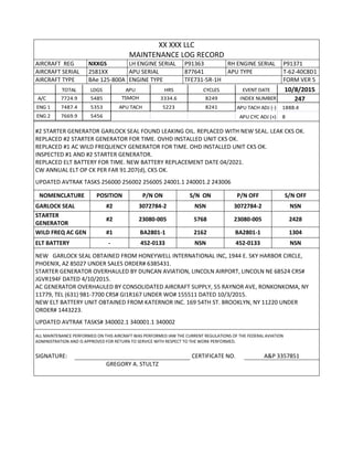 XX XXX LLC
MAINTENANCE LOG RECORD
AIRCRAFT REG NXXGS LH ENGINE SERIAL P91363 RH ENGINE SERIAL P91371
AIRCRAFT SERIAL 2581XX APU SERIAL 877641 APU TYPE T-62-40C8D1
AIRCRAFT TYPE BAe 125-800A ENGINE TYPE TFE731-5R-1H FORM VER 5
TOTAL LDGS APU HRS CYCLES EVENT DATE 10/8/2015
A/C 7724.9 5485 TSMOH 3334.6 8249 INDEX NUMBER 247
ENG 1 7487.4 5353 APU TACH 5223 8241 APU TACH ADJ (-) 1888.4
ENG 2 7669.9 5456 APU CYC ADJ (+) 8
#2 STARTER GENERATOR GARLOCK SEAL FOUND LEAKING OIL. REPLACED WITH NEW SEAL. LEAK CKS OK.
REPLACED #2 STARTER GENERATOR FOR TIME. OVHD INSTALLED UNIT CKS OK.
REPLACED #1 AC WILD FREQUENCY GENERATOR FOR TIME. OHD INSTALLED UNIT CKS OK.
INSPECTED #1 AND #2 STARTER GENERATOR.
REPLACED ELT BATTERY FOR TIME. NEW BATTERY REPLACEMENT DATE 04/2021.
CW ANNUAL ELT OP CK PER FAR 91.207(d), CKS OK.
UPDATED AVTRAK TASKS 256000 256002 256005 24001.1 240001.2 243006
NOMENCLATURE POSITION P/N ON S/N ON P/N OFF S/N OFF
GARLOCK SEAL #2 3072784-2 NSN 3072784-2 NSN
STARTER
GENERATOR
#2 23080-005 5768 23080-005 2428
WILD FREQ AC GEN #1 BA2801-1 2162 BA2801-1 1304
ELT BATTERY - 452-0133 NSN 452-0133 NSN
NEW GARLOCK SEAL OBTAINED FROM HONEYWELL INTERNATIONAL INC, 1944 E. SKY HARBOR CIRCLE,
PHOENIX, AZ 85027 UNDER SALES ORDER# 6385431.
STARTER GENERATOR OVERHAULED BY DUNCAN AVIATION, LINCOLN AIRPORT, LINCOLN NE 68524 CRS#
JGVR194F DATED 4/10/2015.
AC GENERATOR OVERHAULED BY CONSOLIDATED AIRCRAFT SUPPLY, 55 RAYNOR AVE, RONKONKOMA, NY
11779, TEL (631) 981-7700 CRS# GI1R167 UNDER WO# 155511 DATED 10/3/2015.
NEW ELT BATTERY UNIT OBTAINED FROM KATERNOR INC. 169 54TH ST. BROOKLYN, NY 11220 UNDER
ORDER# 1443223.
UPDATED AVTRAK TASKS# 340002.1 340001.1 340002
ALL MAINTENANCE PERFORMED ON THIS AIRCRAFT WAS PERFORMED IAW THE CURRENT REGULATIONS OF THE FEDERAL AVIATION
ADMINISTRATION AND IS APPROVED FOR RETURN TO SERVICE WITH RESPECT TO THE WORK PERFORMED.
SIGNATURE: CERTIFICATE NO. A&P 3357851
GREGORY A. STULTZ
 