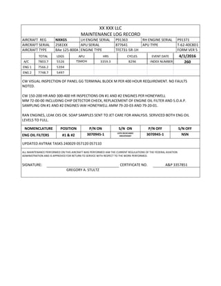 XX XXX LLC
MAINTENANCE LOG RECORD
AIRCRAFT REG NXXGS LH ENGINE SERIAL P91363 RH ENGINE SERIAL P91371
AIRCRAFT SERIAL 2581XX APU SERIAL 877641 APU TYPE T-62-40C8D1
AIRCRAFT TYPE BAe 125-800A ENGINE TYPE TFE731-5R-1H FORM VER 5
TOTAL LDGS APU HRS CYCLES EVENT DATE 4/1/2016
A/C 7803.7 5526 TSMOH 3359.3 8296 INDEX NUMBER 260
ENG 1 7566.2 5394
ENG 2 7748.7 5497
CW VISUAL INSPECTION OF PANEL GG TERMINAL BLOCK M PER 400 HOUR REQUIREMENT. NO FAULTS
NOTED.
CW 150-200 HR AND 300-400 HR INSPECTIONS ON #1 AND #2 ENGINES PER HONEYWELL
MM 72-00-00 INCLUDING CHIP DETECTOR CHECK, REPLACEMENT OF ENGINE OIL FILTER AND S.O.A.P.
SAMPLING ON #1 AND #2 ENGINES IAW HONEYWELL AMM 79-20-03 AND 79-20-01.
RAN ENGINES, LEAK CKS OK. SOAP SAMPLES SENT TO JET CARE FOR ANALYSIS. SERVICED BOTH ENG OIL
LEVELS TO FULL.
NOMENCLATURE POSITION P/N ON S/N ON P/N OFF S/N OFF
ENG OIL FILTERS #1 & #2 3070945-1 LOT# 2013C16822
DM10764307 3070945-1 NSN
UPDATED AVTRAK TASKS 240029 057120 057110
ALL MAINTENANCE PERFORMED ON THIS AIRCRAFT WAS PERFORMED IAW THE CURRENT REGULATIONS OF THE FEDERAL AVIATION
ADMINISTRATION AND IS APPROVED FOR RETURN TO SERVICE WITH RESPECT TO THE WORK PERFORMED.
SIGNATURE: CERTIFICATE NO. A&P 3357851
GREGORY A. STULTZ
 