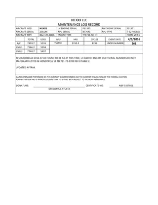 XX XXX LLC
MAINTENANCE LOG RECORD
AIRCRAFT REG NXXGS LH ENGINE SERIAL P91363 RH ENGINE SERIAL P91371
AIRCRAFT SERIAL 2581XX APU SERIAL 877641 APU TYPE T-62-40C8D1
AIRCRAFT TYPE BAe 125-800A ENGINE TYPE TFE731-5R-1H FORM VER 6
TOTAL LDGS APU HRS CYCLES EVENT DATE 4/5/2016
A/C 7803.7 5526 TSMOH 3359.3 8296 INDEX NUMBER 261
ENG 1 7566.2 5394
ENG 2 7748.7 5497
RESEARCHED AD 2016-07-02 FOUND TO BE NA AT THIS TIME; LH AND RH ENG ITT DUCT SERIAL NUMBERS DO NOT
MATCH ANY LISTED IN HONEYWELL SB TFE731-72-3789 REV 0 TABLE 2.
UPDATED AVTRAK.
ALL MAINTENANCE PERFORMED ON THIS AIRCRAFT WAS PERFORMED IAW THE CURRENT REGULATIONS OF THE FEDERAL AVIATION
ADMINISTRATION AND IS APPROVED FOR RETURN TO SERVICE WITH RESPECT TO THE WORK PERFORMED.
SIGNATURE: CERTIFICATE NO. A&P 3357851
GREGORY A. STULTZ
 