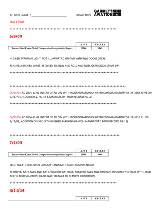 By JOHN GALIK / ________________________ (ROAD TRIP)
MAY 4 2004
+++++++++++++++++++++++++++++++++++++++++++++++++++++++++++++++++++++++++
6/9/04
AFTT CYCLES
Transcribed Exxon Mobil Corporation Irregularity Report 5306 3549
NLG RED WARNING LIGHT NOT ILLUMINATED ON GND WITH NLG DOORS OPEN.
REPAIRED BROKEN WIRES BETWEEN TB AQ2L AND AQ1L AND NOSE GEAR DOOR STRUT SW.
++++++++++++++++++++++++++++++++++++++++++++++++++++++++++++++++++++++++++
+++++++++++++++++++++++++++++++++++++++++++++++++++++++++++++++++++++++++++++++
06/14/04 AD 2004-12-02 INTENT OF AD CW WITH INCORPORATION OF RAYTHEON MANDATORY SB 24-3588 REV1 ON
02/27/03, (LOGBOOK 2, PG 37 & MANDATORY MOD RECORD PG 10)
+++++++++++++++++++++++++++++++++++++++++++++++++++++++++++++++++++++++++
06/15/04 AD 2004-11-01 INTENT OF AD CW WITH INCORPORATION OF RAYTHEON MANDATORY SB 26-3610 R1 ON
9/12/03, ADDITION OF FIRE EXTINGUISHER MARKING BANDS ( MANDATORY MOD RECORD PG 11)
+++++++++++++++++++++++++++++++++++++++++++++++++++++++++++++++++++++++++++
7/1/04
AFTT CYCLES
Transcribed Exxon Mobil Corporation Irregularity Report 5306 3549
ELECTROLYTE SPILLED ON AIRCRAFT AND BATT RACK FROM IRS NICAD.
REMOVED BATT RACK AND BATT. WASHED BAT RACK, TREATED RACK AND AIRCRAFT IN VICINITY OF BATT WITH MILD
ACETIC ACID SOLUTION, BEAD BLASTED RACK TO REMOVE CORROSION.
+++++++++++++++++++++++++++++++++++++++++++++++++++++++++++++++++++++++++
8/13/04
AFTT CYCLES
 