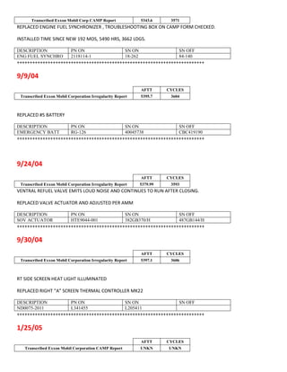 Transcribed Exxon Mobil Corp CAMP Report 5343.6 3571
REPLACED ENGINE FUEL SYNCHRONIZER , TROUBLESHOOTING BOX ON CAMP FORM CHECKED.
INSTALLED TIME SINCE NEW 192 MOS, 5490 HRS, 3662 LDGS.
DESCRIPTION PN ON SN ON SN OFF
ENG FUEL SYNCHRO 2118114-1 18-262 84-140
+++++++++++++++++++++++++++++++++++++++++++++++++++++++++++++++++++++++++
9/9/04
AFTT CYCLES
Transcribed Exxon Mobil Corporation Irregularity Report 5395.7 3604
REPLACED #5 BATTERY
DESCRIPTION PN ON SN ON SN OFF
EMERGENCY BATT RG-126 40045738 CBC419190
+++++++++++++++++++++++++++++++++++++++++++++++++++++++++++++++++++++++++
9/24/04
AFTT CYCLES
Transcribed Exxon Mobil Corporation Irregularity Report 5379.99 3593
VENTRAL REFUEL VALVE EMITS LOUD NOISE AND CONTINUES TO RUN AFTER CLOSING.
REPLACED VALVE ACTUATOR AND ADJUSTED PER AMM
DESCRIPTION PN ON SN ON SN OFF
SOV ACTUATOR HTE9044-001 382GB370/H 487GB144/H
+++++++++++++++++++++++++++++++++++++++++++++++++++++++++++++++++++++++++
9/30/04
AFTT CYCLES
Transcribed Exxon Mobil Corporation Irregularity Report 5397.1 3606
RT SIDE SCREEN HEAT LIGHT ILLUMINATED
REPLACED RIGHT “A” SCREEN THERMAL CONTROLLER MK22
DESCRIPTION PN ON SN ON SN OFF
ND0075-2011 L341455 L205411
+++++++++++++++++++++++++++++++++++++++++++++++++++++++++++++++++++++++++
1/25/05
AFTT CYCLES
Transcribed Exxon Mobil Corporation CAMP Report UNKN UNKN
 