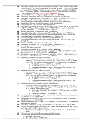 13) Removed RH flap screw jack P/N 25-8CW161AB S/N MEC/DHB/149 and installed screw jack P/N
25-8CW161AB, S/N MEC/DHB/136 overhauled by Midcoast Aviation CRS #RO3R822L under
work order #D6905076H dated 07/01/05 (screw jack contains ball screw assembly P/N BA22294-
OH, S/N 5 overhauled by Beaver Aerospace & Defense, Inc., CRS #MI5R042N under work order
#393653 dated 05/13/05). 4000 CYCLE REPLACEMENT DUE 7849
14) Adjusted cable tension on RH flap cables per Hawker 800 MM 27-50-02-501.
15) Removed and installed new airbrake line (above LH flap jackscrew) P/N 25SW65-107.
16) Removed and installed aileron trim cables (upper) P/N 25-8CF113-13A and (lower) P/N 25-8CF113-
15A. Adjusted cables’ tension, rigged and checked travel of aileron trim system.
17) Adjusted elevator trim cable tensions (cables aft of servo motor) to within specified limits.
18) Adjusted forward elevator control cables tension to within specified limits.
19) Adjusted aft elevator cables tension to within specified limits.
20) Removed and installed new RH forward aileron cable P/N 25-8CW201-3A, new RH aft aileron cable
P/N 25-8CF109-7A, new LH forward aileron cable P/N 25-8CW201-1A and new LH aft aileron
cable P/N 25-8CF-109-5A. Adjusted cables’ tension and rigged.
21) Adjusted rudder primary cable tensions to within specified limits.
22) Replaced 4 each flap jack screw bushings on the left and right sides with new P/N KSF0606P.
23) Removed and installed new hydraulic auxiliary system reservoir filler cap screen P/N 25HC31A.
24) Removed existing LH airbrake cable and installed new P/N 25-CF2203-15.
25) Removed existing RH airbrake cable and installed new P/N 25-CF2203-77.
26) Removed existing interconnect airbrake cable and installed new P/N’s 25-CF2203-25 and P/N
25CF2203-75.
27) Complied with TKS visual tank inspections. No defects noted
28) Removed and installed new pitot left/right selector switch P/N 8A36-01-2-2N.
29) Removed right outboard maxaret P/N AC65216 S/N KR172 and installed serviceable unit P/N
AC65216 S/N 30DM with 0 cycles.
30) Removed and installed new LH MLG restrictor valve P/N AIR45444.
31) Reinstalled aft emergency exit light battery power supply P/N 60-0304-51 S/N 27720 inspected by
Duncan Aviation CRS #JGVR194F under work order # FHD9A.
32) Reinstalled fwd emergency exit light battery power supply P/N 60-0304-51 S/N 27906 inspected by
Duncan Aviation CRS #JGVR194F under work order # FHD9A.
33) 24 Month Certification of the #1 Pitot/Static System:
1. The #1 ADC (P/N 7000700-668, S/N 88092843) and Static System Test required by 14
CFR 91.411 and Transponder Tests, including Data Correspondence, required by 14 CFR
91.413 have been performed and found to comply with 14 CFR Part 43, Appendix E and F.
a. The #1 ADC was tested to 45,000 feet on 02/17/06
b. The #1 Transponder was tested on 02/17/06
c. The #1 Encoder Data Correspondence was tested to 45,000 feet on 02/17/06
d. The S5 Static System was Leak Tested on 02/17/06
34) 24 Month Certification of the #2 Pitot/Static System:
1. The #2 ADC (P/N 7000700-668, S/N 88123056) and Static System Test required by 14
CFR 91.411 and Transponder Tests, including Data Correspondence, required by 14 CFR
91.413 have been performed and found to comply with 14 CFR Part 43, Appendix E and F.
a. The #2 ADC was tested to 45,000 feet on 02/17/06
b. The #2 Transponder was tested on 02/17/06
c. The #2 Encoder Data Correspondence was tested to 45,000 feet on 02/17/06
d. The S6 Static System was Leak Tested on 02/17/06
35) 24 Month Certification of the Standby Static and Altimeter System:
1. Tested and inspected the standby altimeter and static system IAW 14 CFR 91.411 (a) (1)
and found to comply with 14 CFR 43 Appendix E Paragraph (b). This system and/or unit
is not integrated into an encoding source.
a. The Standby Altimeter P/N WL1605AM2, S/N AF125 was tested to 45,000 feet
on 02/17/06.
b. The S8 Static System was Leak Tested on 02/17/06
36) Reinstalled HF control unit adapter P/N 071-1268-01, S/N 1690 repaired by Duncan Aviation, CRS
#JGVR194F under work order #FHD9A.
37) Reinstalled HF receiver exciter P/N 064-1015-01, S/N 26960 inspected by Duncan Aviation, CRS
#JGVR194F under work order #FHD9A.
38) Reinstalled HF control P/N 071-1274-01, S/N 2050 inspected by Duncan Aviation, CRS #JGVR194F
under work order #FHD9A.
39) Removed and installed new lavatory oxygen mask P/N C351-2000-205. Date of Mfg: 10/18/05.
40) Repaired LH engine HP pipe per Raytheon Aircraft Company Standard Repair SR-HK-00021 Rev B
approved by FAA Form 8110-3 dated 11/04/04.
1. Performed fluorescent penetrant inspection of repaired LH HP pipe, no crack indications
found.
41) Performed center aisle floorboard visual inspection; no defects noted.
42) Replaced the following main entry door hardware with new hardware:
1. Bump stop P/N 25FC6553
2. Lower bump stop pin P/N SP4YB23
 