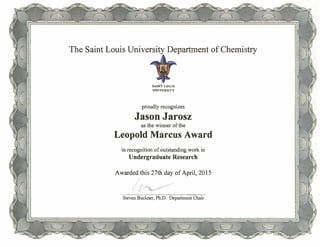2015 Leopold Marcus Award Certificate