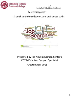SALC
Springfield Adult Learning Center
1
Career Snapshots!
A quick guide to college majors and career paths.
Presented by the Adult Education Center’s
VISTA/Volunteer Support Specialist
Created April 2015
 