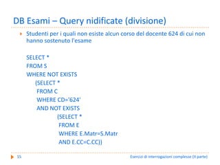 DB Esami – Query nidificate (divisione)
     Studenti per i quali non esiste alcun corso del docente 624 di cui non 
     hanno sostenuto l'esame

     SELECT *
     FROM S
     WHERE NOT EXISTS
        (SELECT *
         FROM C
         WHERE CD='624'
         AND NOT EXISTS
                (SELECT *
                 FROM E
                 WHERE E.Matr=S.Matr
                 AND E.CC=C.CC))

15                                           Esercizi di interrogazioni complesse (II parte)
 
