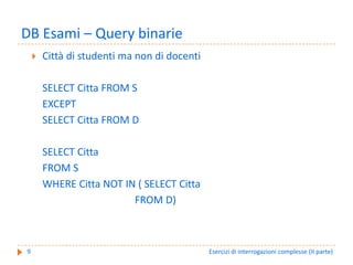 DB Esami – Query binarie
    Città di studenti ma non di docenti 

    SELECT Citta FROM S
    EXCEPT
    SELECT Citta FROM D

    SELECT Citta
    FROM S
    WHERE Citta NOT IN ( SELECT Citta
                      FROM D)



9                                          Esercizi di interrogazioni complesse (II parte)
 