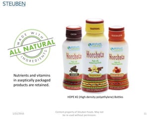 1/31/2016
Content property of Steuben Foods. May not
be re-used without permission.
11
HDPE #2 (High-density polyethylene) Bottles
Nutrients and vitamins
in aseptically packaged
products are retained.
 