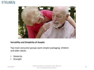 Versatility and Simplicity of Aseptic
Two main consumer groups want simpler packaging: children
and older adults.
• Dexterity
• Strength
1/31/2016
Content property of Steuben Foods. May not
be re-used without permission.
34
 