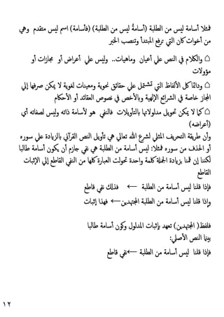 ١٢
‫اﻟﻄﻠﺒﺔ‬ ‫ﻣﻦ‬ ‫ﺲ‬ ‫ﻟ‬ ‫ﺳﺎﻣﺔ‬ٔ ‫ﳁﺜﻼ‬
)
ُ‫ﺔ‬‫ﺳﺎﻣ‬ٔ
‫ﻟ‬
‫ﺲ‬
‫اﻟﻄﻠﺒﺔ‬ ‫ﻣﻦ‬
) (
‫ﺳﺎﻣﺔ‬ٔ ‫ﻓ‬
(
‫ﺲ‬ ‫ﻟ‬ ‫اﰟ‬
‫ﻣ‬
‫ﻘ‬
‫ﺪ‬
‫م‬
‫وﱔ‬
‫اﳋﱪ‬ ‫ﺗﻨﺼﺐ‬‫و‬ ٔ‫ﺒﺘﺪ‬‫ﳌ‬‫ا‬ ‫ﻓﻊ‬‫ﺮ‬ ‫اﻟﱵ‬ ‫ﰷن‬ ‫ات‬‫ﻮ‬‫ﺧ‬ٔ ‫ﻣﻦ‬
⌂
‫ﻋﯿﺎن‬ٔ ‫ﲇ‬ ‫اﻟﻨﺺ‬ ‫ﰲ‬ ‫م‬ ‫اﻟ‬‫و‬
‫وﻣﺎﻫﯿﺎت‬
..
‫ﲇ‬ ‫ﺲ‬ ‫ﻟ‬‫و‬
‫و‬ٔ ‫اض‬‫ﺮ‬‫ﻋ‬ٔ
‫و‬ٔ ‫ات‬‫ز‬‫ﳎﺎ‬
‫ﻣﺆوﻻت‬
⌂
‫ٕﱄ‬‫ا‬ ‫ﻓﻬﺎ‬‫ﴏ‬ ‫ﳝﻜﻦ‬ ‫ﻻ‬ ‫ﯾﺔ‬‫ﻮ‬‫ﻟﻐ‬ ‫ﯿﻨﺎت‬‫ﻣﻌ‬‫و‬ ‫ﯾﺔ‬‫ﻮ‬‫ﳓ‬ ‫ﺣﻘﺎﺋﻖ‬ ‫ﲇ‬ ‫ﳣﻞ‬‫ﺸ‬ ‫اﻟﱵ‬ ‫ﻟﻔﺎظ‬ٔ ‫ا‬ ‫ﰻ‬ ‫وداﲚﺎ‬
‫ﺣﲀم‬ٔ ‫ا‬ ‫و‬ٔ ‫اﻟﻌﻘﺎﺋﺪ‬ ‫ﻧﺼﻮص‬ ‫ﰲ‬ ‫ﺧﺺ‬ٔ ‫و‬ ‫ﻬﯿﺔ‬‫ﻟ‬ٕ‫ﻻ‬‫ا‬ ‫اﺋﻊ‬‫ﴩ‬‫اﻟ‬ ‫ﰲ‬ ‫ﺎﺻﺔ‬ ‫ﺎز‬ ‫ا‬
⌂
‫ﯾﻼ‬‫و‬ٔ ‫ﻟﺘ‬ ‫ﻣﺪﻟﻮﻻﲥﺎ‬ ‫ﯾﻞ‬‫ﻮ‬‫ﲢ‬ ‫ﳝﻜﻦ‬ ‫ﻻ‬ ‫ﻛﲈ‬
‫ت‬
‫ﻓﺎﻟﻨﻔﻲ‬
‫ي‬ٔ ‫ﻟﺼﻔﺎﺗﻪ‬ ‫ﺲ‬ ‫ﻟ‬‫و‬ ‫ذاﺗﻪ‬ ‫ﺳﺎﻣﺔ‬ٔ ‫ﻫﻮ‬
)
‫اﺿﻪ‬‫ﺮ‬‫ﻋ‬ٔ
(
‫ﺳﻮرﻩ‬ ‫ﲇ‬ ‫دة‬ ‫ﻟﺰ‬ ‫ﱐ‬ٓ‫اﻟﻘﺮ‬ ‫اﻟﻨﺺ‬ ‫ﯾﻞ‬‫و‬ٔ ‫ﺗ‬ ‫ﱔ‬ ‫ﺗﻌﺎﱄ‬ ‫ﷲ‬ ‫ﻟﴩع‬ ‫اﳌﺜﲇ‬ ‫ﯾﻒ‬‫ﺮ‬‫اﻟﺘﺤ‬ ‫ﯾﻘﺔ‬‫ﺮ‬‫ﻃ‬ ‫ن‬ٔ‫و‬
‫ﳁﺜﻼ‬ ‫ﺳﻮرﻩ‬ ‫ﻣﻦ‬ ‫اﳊﺬف‬ ‫و‬ٔ
:
‫ﻃﺎﻟﺒﺎ‬ ‫ﺳﺎﻣﺔ‬ٔ ‫ﻜﻮن‬ ‫ن‬ٔ ‫ﺎزم‬ ‫ﻧﻔﻲ‬ ‫ﱔ‬ ‫اﻟﻄﻠﺒﺔ‬ ‫ﻣﻦ‬ ‫ﺳﺎﻣﺔ‬ٔ ‫ﺲ‬ ‫ﻟ‬
‫اﻟ‬ ‫ﻟﺖ‬‫ﻮ‬‫ﲢ‬ ‫ﺪة‬ ‫ا‬‫و‬ ‫ﳇﻤﺔ‬ ‫اﶺ‬ ‫دة‬ ‫ﺰ‬ ‫ﳃﻨﺎ‬ ‫ٕن‬‫ا‬ ‫ﻨﺎ‬ ‫ﻟﻜ‬
‫ٕﺛﺒﺎت‬‫ﻻ‬‫ا‬ ‫ٕﱄ‬‫ا‬ ‫اﻟﻘﺎﻃﻊ‬ ‫اﻟﻨﻔﻲ‬ ‫ﻣﻦ‬ ‫ﳇﻬﺎ‬ ‫ﻌﺒﺎرة‬
‫اﻟﻘﺎﻃﻊ‬
‫اﻟﻄﻠﺒﺔ‬ ‫ﻣﻦ‬ ‫ﺳﺎﻣﺔ‬ٔ ‫ﺲ‬ ‫ﻟ‬ ‫ﻗﻠﻨﺎ‬ ‫ٕذا‬‫ﺎ‬‫ﻓ‬
←
‫ﻗﺎﻃﻊ‬ ‫ﻧﻔﻲ‬ ‫ﻓﺬ‬
‫ﻦ‬‫ﳤﺪ‬ ‫ا‬ ‫اﻟﻄﻠﺒﺔ‬ ‫ﻣﻦ‬ ‫ﺳﺎﻣﺔ‬ٔ ‫ﺲ‬ ‫ﻟ‬ ‫ﻗﻠﻨﺎ‬ ‫ذا‬ٕ‫ا‬‫و‬
←
‫ٕﺛﺒﺎت‬‫ا‬ ‫ﻓﻬﺬا‬
‫ﻓﻠﻔﻆ‬
)
‫ﻦ‬‫ﳤﺪ‬ ‫ا‬
(
‫ﻃﺎﻟﺒﺎ‬ ‫ﺳﺎﻣﺔ‬ٔ ‫وﻮن‬ ‫اﳌﺪﻟﻮل‬ ‫ٕﺛﺒﺎت‬ ‫ﺗﻌﻬﺪ‬
‫ﺻﲇ‬ٔ ‫ا‬ ‫اﻟﻨﺺ‬ ‫ﺑ‬
:
‫ﻗﻠﻨﺎ‬ ‫ٕذا‬‫ﺎ‬‫ﻓ‬
‫اﻟﻄﻠﺒﺔ‬ ‫ﻣﻦ‬ ‫ﺳﺎﻣﺔ‬ٔ ‫ﺲ‬ ‫ﻟ‬
←
‫ﻗ‬ ‫ﻧﻔﻲ‬
‫ﺎﻃﻊ‬
 