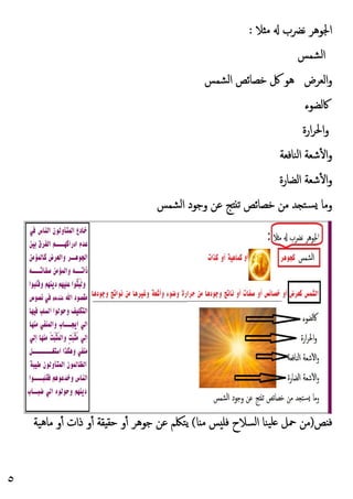 ٥
‫ﻼ‬ ‫ﻣ‬ ‫ﻧﴬب‬ ‫اﳉﻮﻫﺮ‬
:
‫اﻟﺸﻤﺲ‬
‫اﻟﺸﻤﺲ‬ ‫ﺧﺼﺎﺋﺺ‬ ‫ﰻ‬ ‫ﻫﻮ‬ ‫اﻟﻌﺮض‬‫و‬
‫ﰷﻟﻀﻮء‬
‫ارة‬‫ﺮ‬‫اﳊ‬‫و‬
‫اﻟﻨﺎﻓﻌﺔ‬ ‫ﺷﻌﺔ‬ٔ ‫ا‬‫و‬
‫اﻟﻀﺎرة‬ ‫ﺷﻌﺔ‬ٔ ‫ا‬‫و‬
‫اﻟﺸﻤﺲ‬ ‫وﺟﻮد‬ ‫ﻋﻦ‬ ‫ﺞ‬ ‫ﺗ‬ ‫ﺧﺼﺎﺋﺺ‬ ‫ﻣﻦ‬ ‫ﺪ‬ ‫ﺴﺘ‬ ‫وﻣﺎ‬
‫ﺺ‬ ‫ﻓ‬
)
‫ﻓ‬ ‫اﻟﺴﻼح‬ ‫ﯿﻨﺎ‬‫ﻠ‬ ‫ﲪﻞ‬ ‫ﻣﻦ‬
‫ﺎ‬ ‫ﻣ‬ ‫ﺲ‬ ‫ﻠ‬
(
‫ﻣﺎﻫﯿﺔ‬ ‫و‬ٔ ‫ذات‬ ‫و‬ٔ ‫ﻘﺔ‬ ‫ﺣﻘ‬ ‫و‬ٔ ‫ﺟﻮﻫﺮ‬ ‫ﻋﻦ‬ ‫ﯾﺘﳫﻢ‬
 