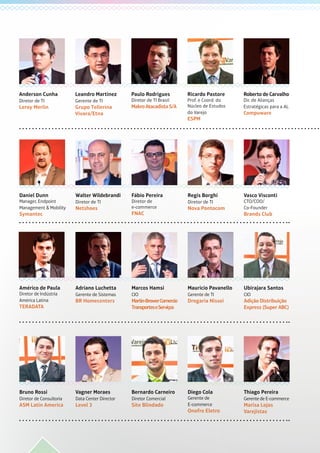 Daniel Dunn
Manager, Endpoint
Management & Mobility
Symantec
Walter Wildebrandi
Diretor de TI
Netshoes
Fábio Pereira
Diretor de
e-commerce
FNAC
Regis Borghi
Diretor de TI
Nova Pontocom
Vasco Visconti
CTO/COO/
Co-Founder
Brands Club
Anderson Cunha
Diretor de TI
Leroy Merlin
Leandro Martinez
Gerente de TI
Grupo Tellerina
Vivara/Etna
Paulo Rodrigues
Diretor de TI Brasil
MakroAtacadistaS/A
Ricardo Pastore
Prof. e Coord. do
Núcleo de Estudos
do Varejo
ESPM
Roberto de Carvalho
Dir. de Alianças
Estratégicas para a AL
Compuware
Américo de Paula
Diretor de Indústria
América Latina
TERADATA
Adriano Luchetta
Gerente de Sistemas
BR Homecenters
Marcos Hamsi
CIO
Martin-BrowerComercio
TransporteseServiços
Mauricio Pavanello
Gerente de TI
Drogaria Nissei
Ubirajara Santos
CIO
Adição Distribuição
Express (Super ABC)
Bruno Rossi
Diretor de Consultoria
ASM Latin America
Vagner Moraes
Data Center Director
Level 3
Bernardo Carneiro
Diretor Comercial
Site Blindado
Diego Cola
Gerente de
E-commerce
Onofre Eletro
Thiago Pereira
Gerente de E-commerce
Marisa Lojas
Varejistas
 