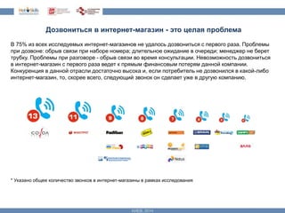 Дозвониться в интернет-магазин - это целая проблема 
В 75% из всех исследуемых интернет-магазинов не удалось дозвониться с первого раза. Проблемы 
при дозвоне: обрыв связи при наборе номера; длительное ожидание в очереди; менеджер не берет 
трубку. Проблемы при разговоре - обрыв связи во время консультации. Невозможность дозвониться 
в интернет-магазин с первого раза ведет к прямым финансовым потерям данной компании. 
Конкуренция в данной отрасли достаточно высока и, если потребитель не дозвонился в какой-либо 
интернет-магазин, то, скорее всего, следующий звонок он сделает уже в другую компанию. 
* Указано общее количество звонков в интернет-магазины в рамках исследования 
 