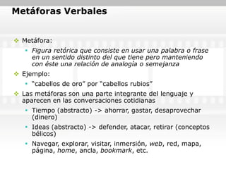 Metáforas Verbales


 Metáfora:
    Figura retórica que consiste en usar una palabra o frase
     en un sentido distinto del que tiene pero manteniendo
     con éste una relación de analogía o semejanza
 Ejemplo:
    “cabellos de oro” por “cabellos rubios”
 Las metáforas son una parte integrante del lenguaje y
  aparecen en las conversaciones cotidianas
    Tiempo (abstracto) -> ahorrar, gastar, desaprovechar
     (dinero)
    Ideas (abstracto) -> defender, atacar, retirar (conceptos
     bélicos)
    Navegar, explorar, visitar, inmersión, web, red, mapa,
     página, home, ancla, bookmark, etc.
 