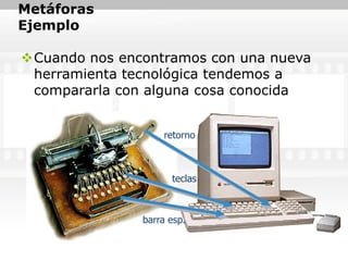 Metáforas
Ejemplo

Cuando nos encontramos con una nueva
 herramienta tecnológica tendemos a
 compararla con alguna cosa conocida


                   retorno



                     teclas



               barra esp.
 