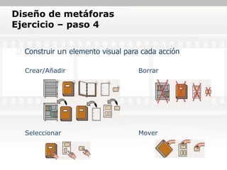 Diseño de metáforas
Ejercicio – paso 4

  Construir un elemento visual para cada acción

  Crear/Añadir                     Borrar




  Seleccionar                      Mover
 