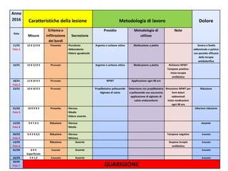 Anno
2016 Caratteristiche della lesione Metodologia di lavoro Dolore
Data
Misure
Eritema e
infiltrazione
dei bordi
Secrezione
Presidio Metodologia di
utilizzo
Note
11/01
Foto 1
12 X 12 X 6 Presente •Purulenta
•Abbondante
•Odore sgradevole
Argento e carbone attivo Medicazione a piatto Severo a livello
addominale e pelvico
con parziale efficacia
della terapia
antidolorifica
16/01 12 X 12 X 5 Presente Argento e carbone attivo Medicazione a piatto Richiesto NPWT
Tampone positivo.
Inizia terapia
antibiotica
18/01
Foto 2
11 X 10 X 5 Presente NPWT Applicazione ogni 48 ore
23/01 10 X 10 X 5 Presente Propilbetaina poliesanide
Alginato di calcio
Detersione con propilbetaina
e poliesanide con successiva
applicazione di alginato di
calcio endocavitario
Rimozione NPWT per
forti dolori
addominali
Inizio medicazioni
ogni 48 ore
Riduzione
01/02
Foto 3
10 X 9 X 5 Presente •Sierosa
•Media
•Odore assente
Ulteriore riduzione
15/02
Foto 4
9 X 7 X 3 Riduzione •Sierosa
•Media
Assente
04/03
Foto 5
6 X 4 X 0,5 Riduzione •Sierosa
•Minima
Tampone negativo Assente
14/03
Foto 6
Riduzione Assente Sospesa terapia
antibiotica
Assente
01/04 6 X 3
Superficiale
Assente Assente Assente
26/04 5 X 1,5 Asssente Assente Assente
20/05
Foto 7 GUARIGIONE
 
