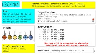 lESSON PLAN ORIGAMI KUSUDAMA CHALLENGE STEAM like Leonardo -
C6 Leonardo the Mathematician and the Scientist
Aim:
You will have to build
5 different shapes
using origami kusudama
technique/procedure.
Organisation:
Every partner involves how many students would like to
accept the challenge
Activities:
5 international challenges
Final products:
Photos of the shapes,
videos
ACTIVITIES:
- ACT 1: BE challenge
- ACT 2: IT challenge
- ACT 3: PL challenge
- ACT 4: RO challenge
- ACT 5: SP challenge
The task will be presented on eTwinning
(Twinspace) and on the project website
Assessment: Relaxing moments and a lot of fun
STEAM:
2
 