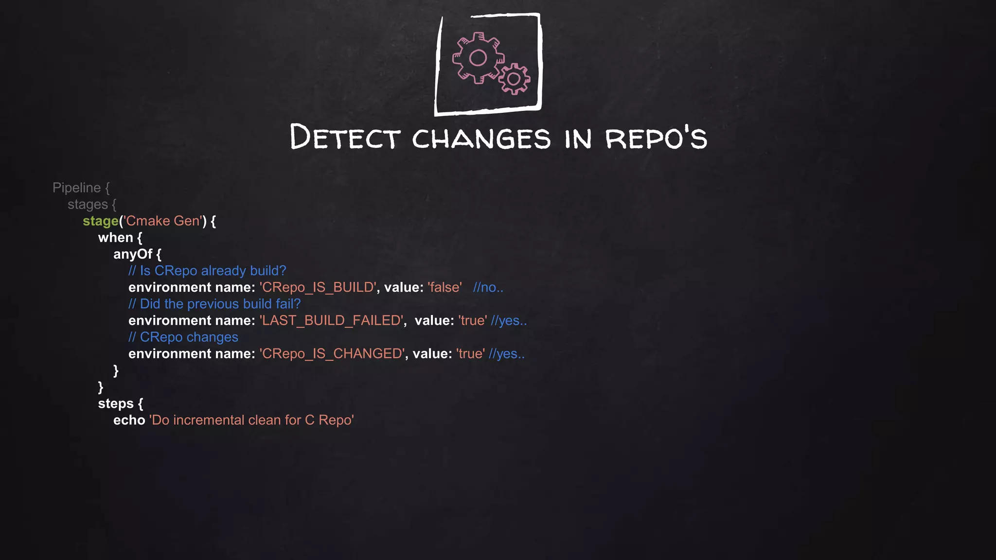 Detect changes in repo's
Pipeline {
stages {
stage('Cmake Gen') {
when {
anyOf {
// Is CRepo already build?
environment name: 'CRepo_IS_BUILD', value: 'false' //no..
// Did the previous build fail?
environment name: 'LAST_BUILD_FAILED', value: 'true' //yes..
// CRepo changes
environment name: 'CRepo_IS_CHANGED', value: 'true' //yes..
}
}
steps {
echo 'Do incremental clean for C Repo'
 