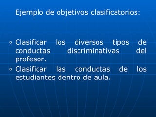Ejemplo de objetivos clasificatorios:



o   Clasificar los diversos tipos      de
    conductas     discriminativas      del
    profesor.
o   Clasificar las conductas de        los
    estudiantes dentro de aula.
 