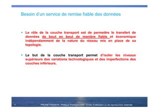 PRONETIS©2014 - Philippe Prestigiacomo - Droits d'utilisation ou de reproduction réservés
Besoin d’un service de remise fiable des données
Le rôle de la couche transport est de permettre le transfert de
données de bout en bout de manière fiable et économique
indépendamment de la nature du réseau mis en place de sa
topologie.
Le but de la couche transport permet d’isoler les niveaux
supérieurs des variations technologiques et des imperfections des
couches inférieurs.
4
 