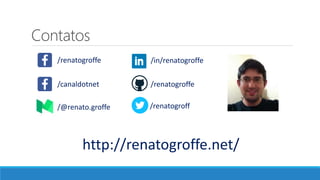 Contatos
http://renatogroffe.net/
/renatogroffe /in/renatogroffe
/canaldotnet /renatogroffe
/@renato.groffe /renatogroff
 