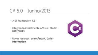 C# 5.0 – Junho/2013
◦ .NET Framework 4.5
◦ Integrando inicialmente o Visual Studio
2012/2013
◦ Novos recursos: async/await, Caller
Information
 