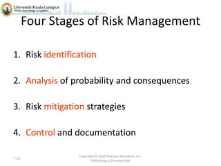 Four Stages of Risk Management
1. Risk identification
2. Analysis of probability and consequences
3. Risk mitigation strategies

4. Control and documentation
7-10

Copyright © 2010 Pearson Education, Inc.
Publishing as Prentice Hall

 