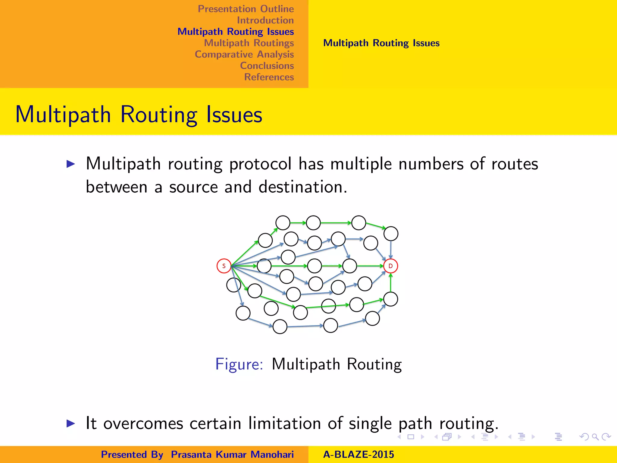 Presentation Outline
Introduction
Multipath Routing Issues
Multipath Routings
Comparative Analysis
Conclusions
References
Multipath Routing Issues
Multipath Routing Issues
Multipath routing protocol has multiple numbers of routes
between a source and destination.
Figure: Multipath Routing
It overcomes certain limitation of single path routing.
Presented By Prasanta Kumar Manohari A-BLAZE-2015
 