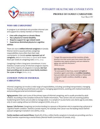 INTEGRITY HEALTHCARE CONSULTANTS
```````````````````````````````````	
  	
  	
  	
  	
  	
  	
  	
  	
  	
  	
  	
  	
  	
  	
  	
  	
  	
  	
  	
  	
  	
  	
  	
  	
  	
  	
  	
  	
  	
  	
  	
  	
  	
  	
  	
  	
  	
  	
  	
  	
  	
  	
  	
  	
  	
  	
  	
  	
  PROFILE OF FAMILY CAREGIVERS
Fact Sheet #2
FACT	
  SHEET	
  	
  #1	
  
WHO ARE CAREGIVERS?
A	
  caregiver	
  is	
  an	
  individual	
  who	
  provides	
  informal	
  care	
  
and	
  support	
  for	
  a	
  family	
  member	
  or	
  friend	
  who:	
  
 Lives	
  with	
  a	
  long	
  term	
  or	
  chronic	
  illness	
  
Ÿ Has	
  a	
  physical	
  or	
  mental	
  disability	
  
Ÿ Requires	
  support	
  for	
  age-­‐related	
  needs	
  	
  
Ÿ Experiences	
  diminished	
  physical	
  or	
  cognitive	
  
abilities	
  	
  	
  
There	
  are	
  over	
  2	
  million	
  informal	
  caregivers	
  in	
  Canada.	
  
Women	
  tend	
  to	
  assume	
  primary	
  caregiving	
  
responsibilities	
  more	
  often	
  than	
  their	
  male	
  
counterparts.	
  In	
  Canada	
  women	
  represent	
  54%	
  of	
  
caregivers,	
  and	
  are	
  more	
  likely	
  to	
  spend	
  20	
  or	
  more	
  
hours	
  per	
  week	
  on	
  caregiving	
  tasks	
  (Sinha,	
  2013).	
  
Caregiving	
  is	
  often	
  a	
  long-­‐term	
  commitment.	
  A	
  2012	
  
Statistics	
  Canada	
  survey	
  of	
  informal	
  caregivers	
  reports	
  
that	
  of	
  the	
  majority	
  of	
  caregivers	
  in	
  Canada,	
  89%	
  had	
  
been	
  providing	
  care	
  to	
  one	
  or	
  more	
  family	
  members	
  
for	
  a	
  year	
  or	
  longer	
  (Sinha,	
  2013).	
  	
  
	
  
Informal	
  caregiving	
  can	
  involve	
  a	
  wide	
  range	
  of	
  responsibilities,	
  including:	
  providing	
  transportation,	
  managing	
  
finances,	
  maintaining	
  household	
  tasks	
  and	
  repairs,	
  managing	
  appointments,	
  assisting	
  with	
  medical	
  treatments,	
  
and	
  providing	
  personal	
  and	
  emotional	
  support.	
  	
  
	
  
Aging	
  parents:	
  Elder	
  care	
  is	
  one	
  of	
  the	
  primary	
  types	
  of	
  informal	
  caregiving,	
  and	
  is	
  usually	
  provided	
  by	
  adult	
  
children.	
  According	
  to	
  the	
  Canadian	
  Institute	
  for	
  Health	
  Information,	
  “few	
  seniors	
  who	
  are	
  receiving	
  publicly	
  
funded	
  long-­‐term	
  home	
  care	
  are	
  able	
  to	
  manage	
  alone.	
  In	
  a	
  sample	
  of	
  131,000	
  home	
  care	
  clients	
  age	
  65	
  and	
  older,	
  
only	
  2%	
  were	
  coping	
  without	
  an	
  informal	
  caregiver	
  (CHHI,	
  2010,	
  p.1	
  ).	
  
	
  
Spouse	
  /	
  Life	
  Partner:	
  Caregiving	
  can	
  involve	
  tending	
  to	
  a	
  spouse	
  or	
  life	
  partner	
  who	
  is	
  experiencing	
  a	
  physical	
  or	
  
cognitive	
  health	
  condition.	
  Statistics	
  Canada	
  reports,	
  for	
  example,	
  that	
  cancer	
  was	
  the	
  leading	
  reason	
  behind	
  
spousal	
  caregiving	
  in	
  Canada	
  in	
  2012	
  (Sinha,	
  2013).	
  
	
  
Family	
  members	
  and	
  mental	
  illness:	
  Nearly	
  8%	
  of	
  the	
  4	
  million	
  family	
  caregivers	
  in	
  Canada	
  are	
  providing	
  care	
  for	
  a	
  
family	
  member	
  experiencing	
  a	
  mental	
  illness	
  (Mental	
  Health	
  Commission	
  of	
  Canada,	
  2015).	
  
“Longer	
  life	
  expectancies	
  and	
  the	
  transition	
  of	
  baby	
  
boomers	
  into	
  their	
  senior	
  years	
  have	
  meant	
  that	
  more	
  
Canadians	
  may	
  require	
  assistance	
  and	
  care	
  related	
  to	
  
aging,	
  now	
  and	
  into	
  the	
  future.”	
  	
  
-­‐Sinha,	
  2013,	
  p	
  4.	
  
	
  
DID	
  YOU	
  KNOW…	
  
“At	
  some	
  point	
  in	
  their	
  lives,	
  nearly	
  half	
  (46%)	
  of	
  
Canadians	
  aged	
  15	
  and	
  older,	
  or	
  13	
  million	
  Canadians,	
  
have	
  provided	
  care	
  to	
  a	
  family	
  member	
  or	
  friend	
  with	
  
a	
  long-­‐term	
  health	
  condition,	
  disability	
  or	
  aging	
  
needs.”	
  
-­‐Sinha,	
  2013,	
  p.3.	
  
	
  
COMMON TYPES OF INFORMAL
CAREGIVING
 