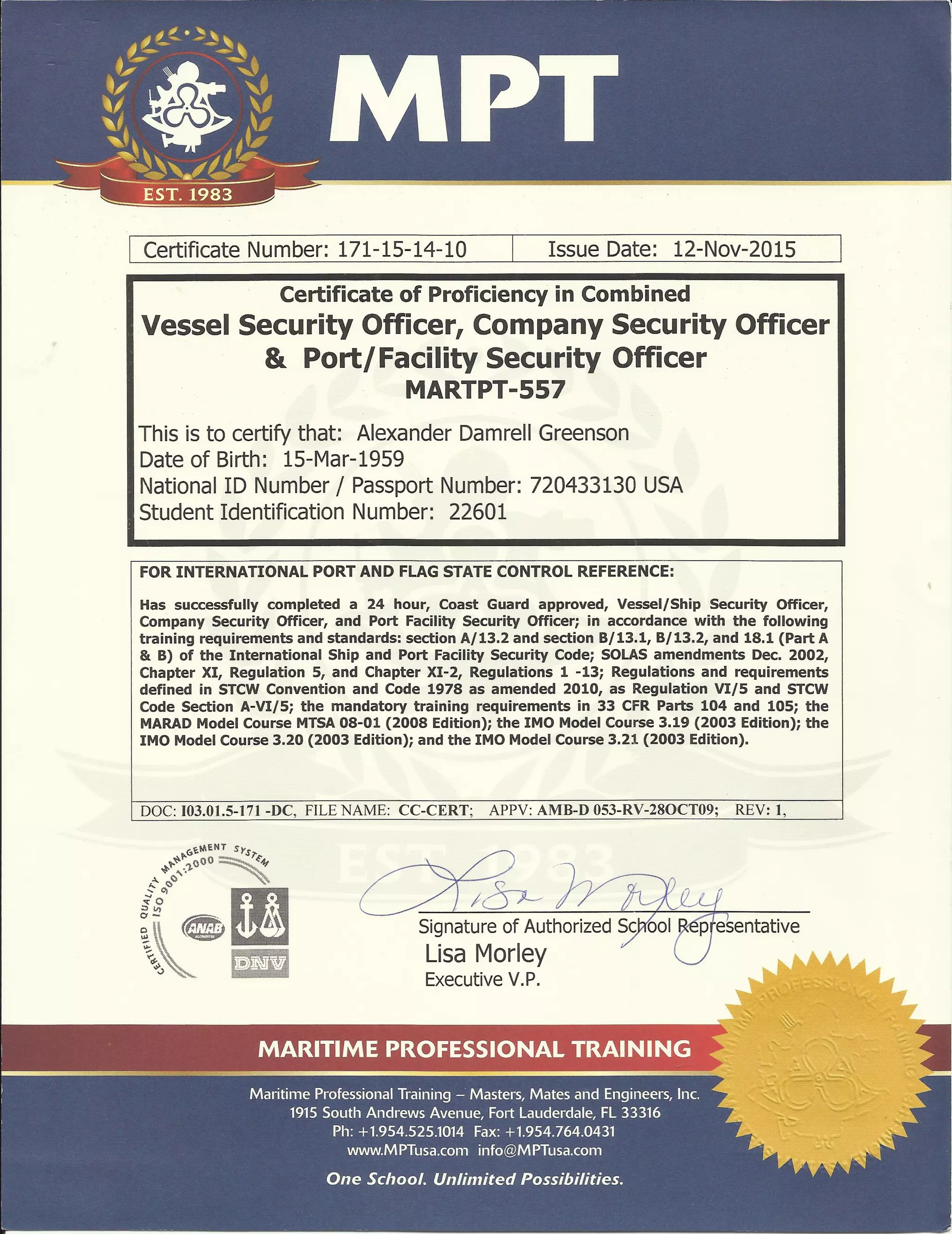 Port Facility Security Officer Certificate PDF